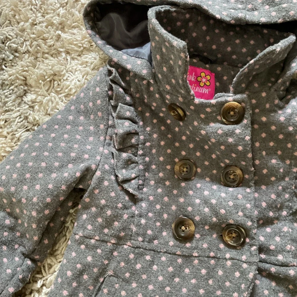 Pink Platinum Girls Grey Pink Polka Dot Hooded Peacoat Jacket Size 5/6